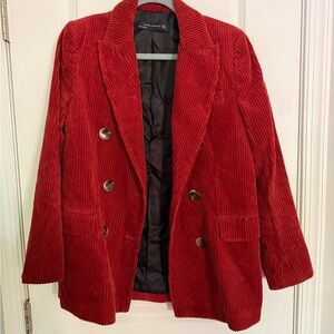 Zara Red Double-Breasted Corduroy Blazer